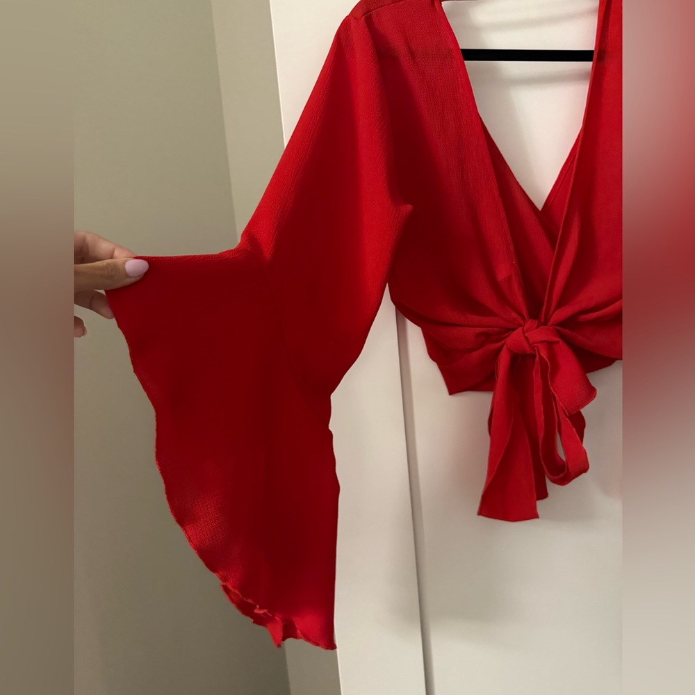 mendocino | cherry red open-back wrap blouse - Picture 2 of 3